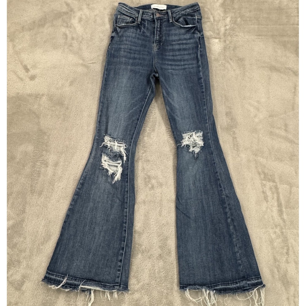 Risen Jeans Womens 3/26 Blue Flare Leg Stretch Distressed Frayed Boho Hippie